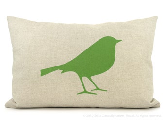 12x18 or 16x16 bird decorative pillow, throw cushion cover | Green, beige and geometric ogee accent bird pillow case | Modern home decor