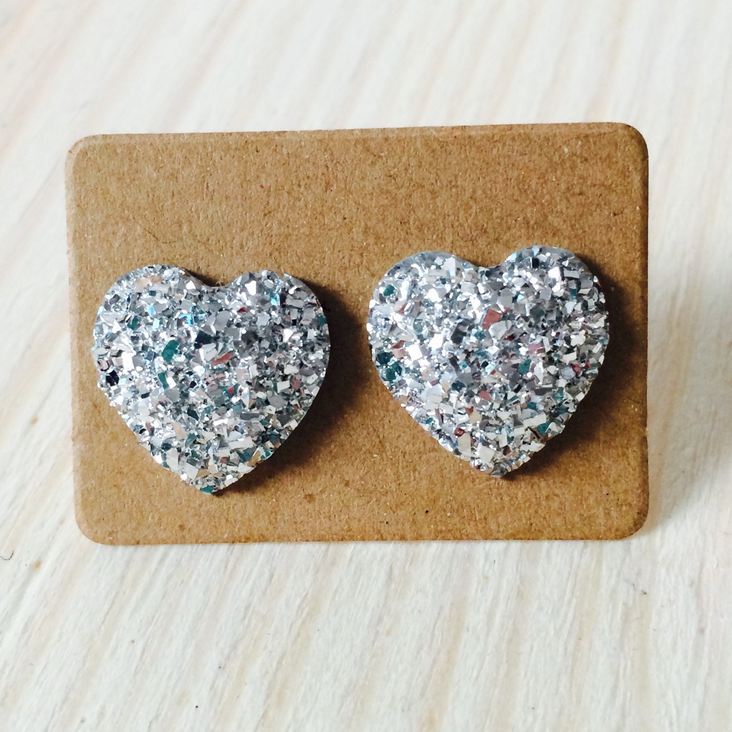 Gorgeous silver heart druzy style button earrings