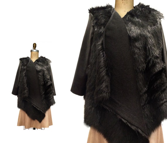 FUR COAT Black faux fox Black fur coat with Black Leather