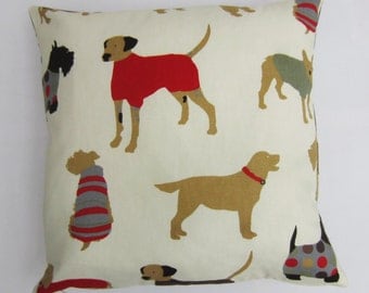 Dog Pillow Cover, Dog Print Cushion Cover, Decorative Pillow Cover, Red on Cream Dogs on Front and Back, Choose size from 14" up to 24"