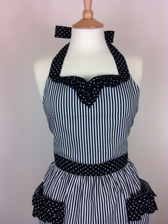 Cute retro apron with curved ruffle black and white striped