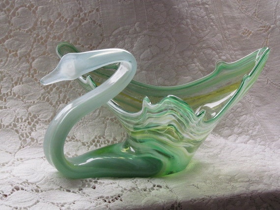 Vintage Blown Art Glass Swan Bowl Dish Large Swan Shades Of Green