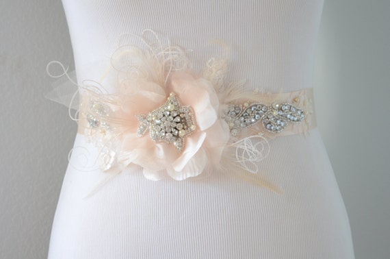 READY TO SHIP, Nude Champagne Flower sash, Flower sash, pearl and rhinestone sash, Tulle flower, Nude feather sash, Flower feather sash,Lace