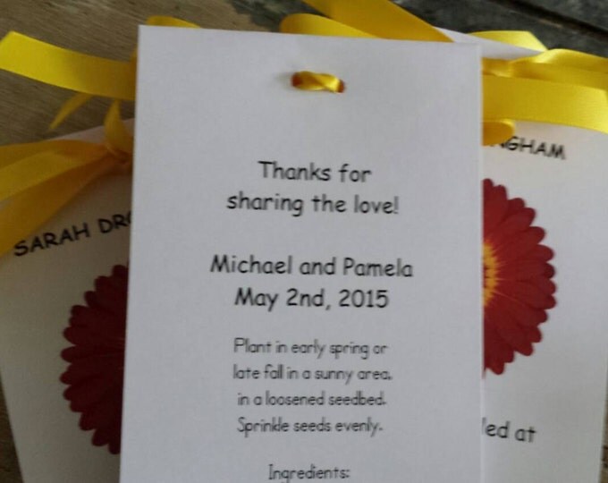 Please Be Seeded Seating Place Cards Escort Cards Gerber Daisy Red and Yellow Design with Wildflower Seeds inside Perfect for Wedding