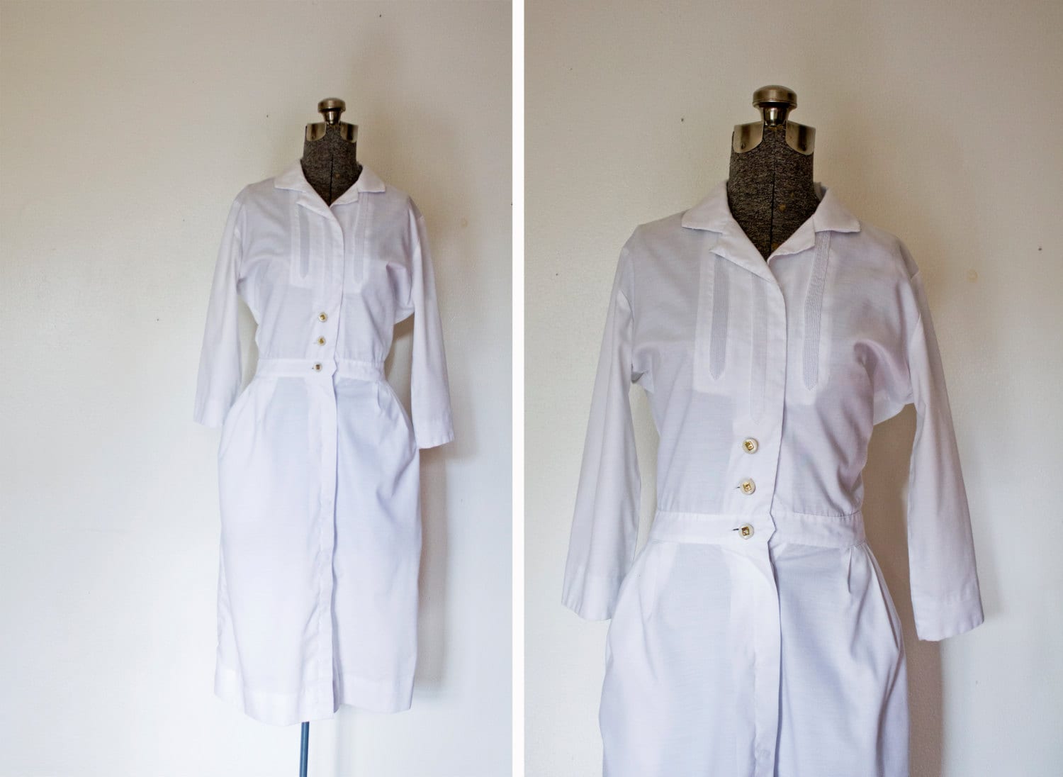 Vintage 1950s Dress White Uniform Nurse Shirtwaist Day Dress