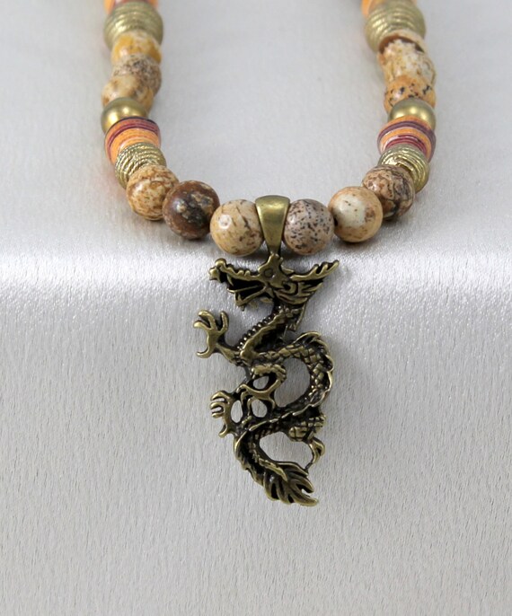 Gemstone necklace dragon pendant artisan jewelry dragon