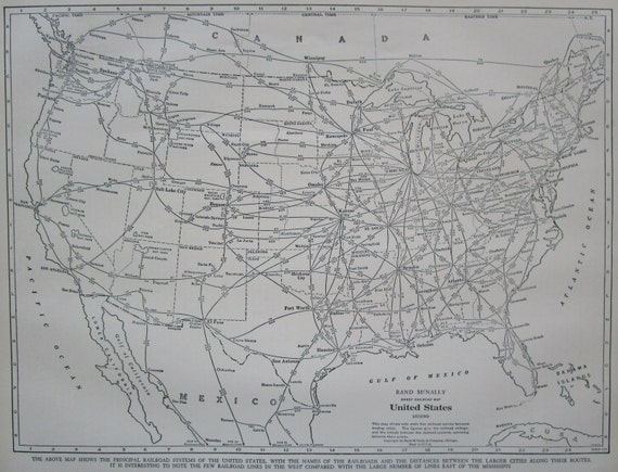 USA RAILROAD Map. 1940 1940s. United States Map. Rand McNally