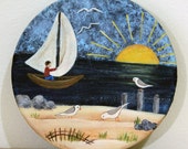 Beach Folk Art Primitive Nautical Theme Lid on Vintage Roseville Ohio Crockware Pottery Sunrise Sandy Beach Ocean Sailboat Seagulls