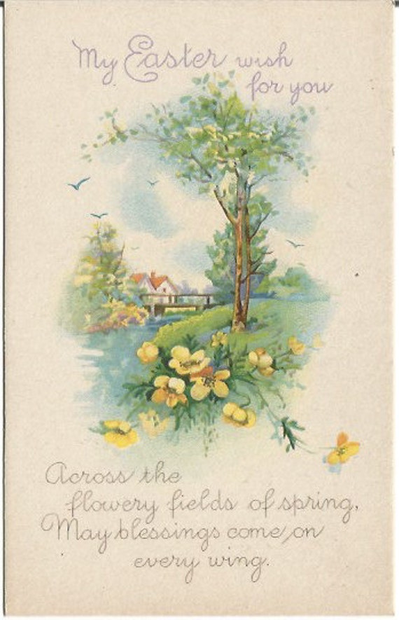 Antique Postcard Easter Wishes Beautiful Spring Country Cottage Scene 1920 Skecher Publishing