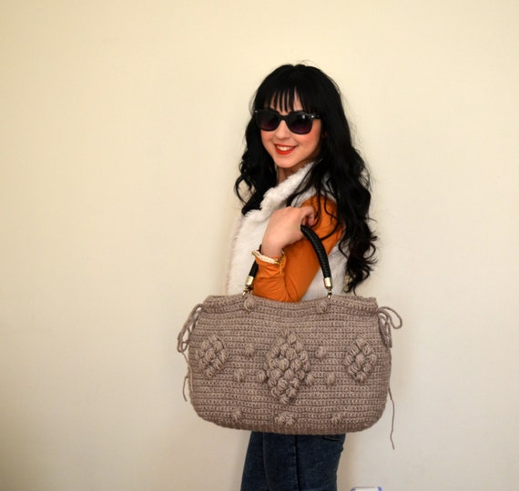 Bag //Handmade Brown Buff Knit Bag Celebrity StyleCrochet
