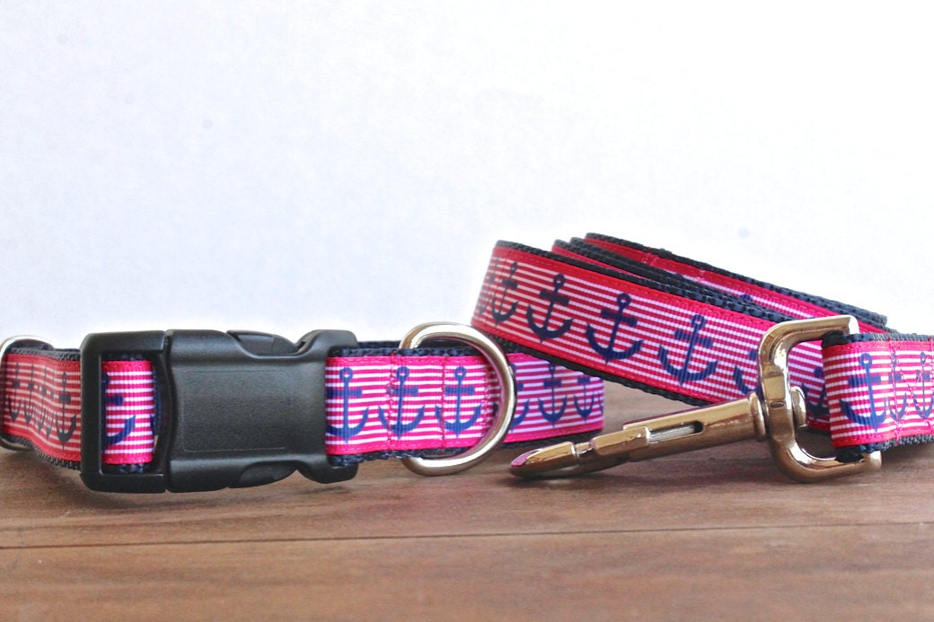 Pink Nautical Dog Collar and Leash Set