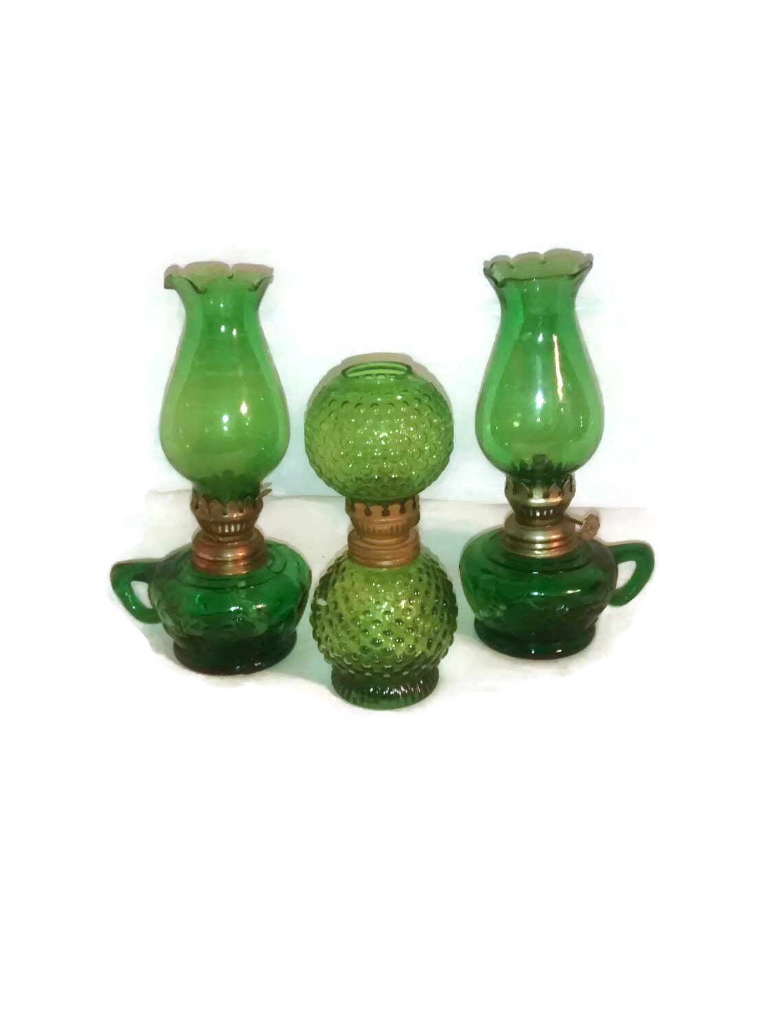 Green glass vintage oil lamps three count