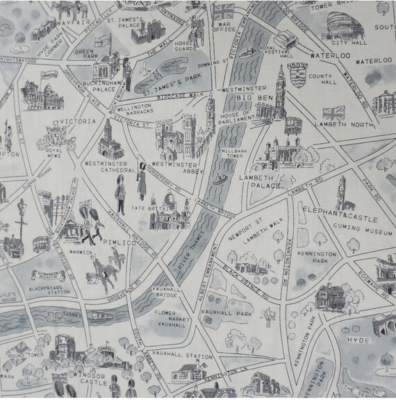 London map cotton fabric in Black and white for Moda fabric