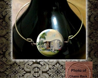 AIRSTREAM Trailer Vintage image Brass wire Bangle Bracelet with Charm n Rhinestone