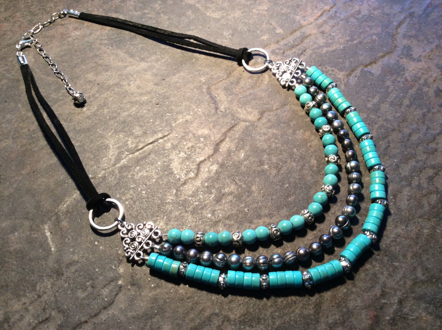 Turquoise Multi strand necklace with Leather Cord and