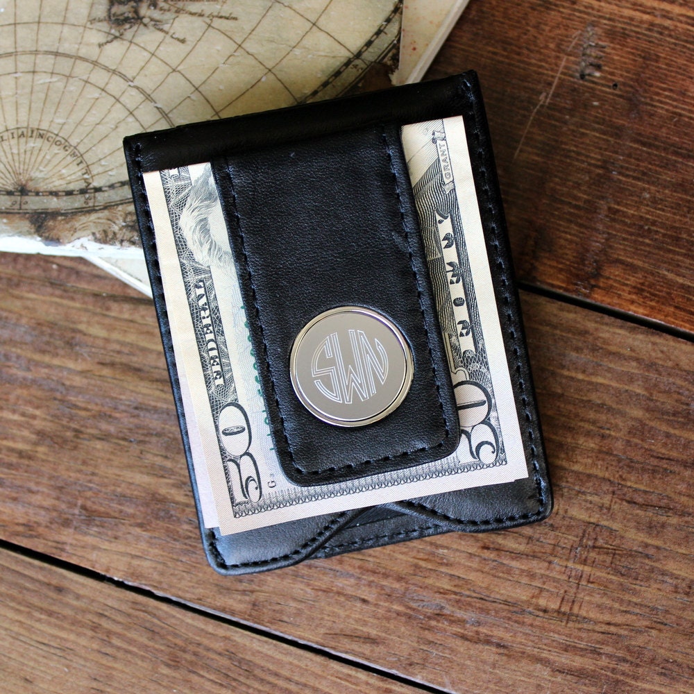 Black Leather Wallet and Money Clip Personalized with a