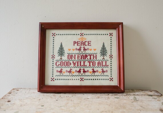 Christmas Embroidery - Vintage Needle Point Peace on Earth Good Will to All