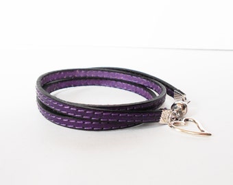 SALE purple leather bracelet, stitched leather cuff, leather wrap, personalised charm bracelet, boho chic jewelry, gift for her