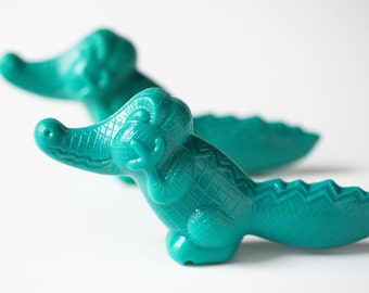 Vintage plastic crocodiles, 2 toys green crocodils, unused Soviet toys, crocodiles toys 2 reptiles