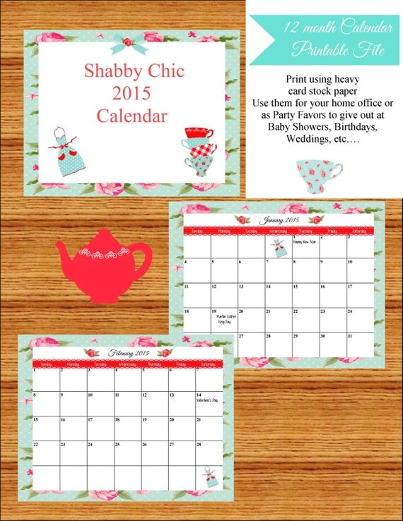 Printable Calendar 2015, 12 month with front cover, shabby chic, INSTANT DOWNLOAD, Shabby Chic calendar, printable 2015 calendar, calendar Il_570xn