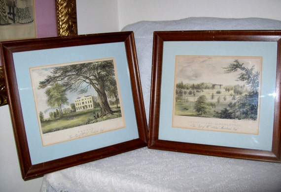 Antique 1830s Hand Colored Lithographs Framed and Matted Pair