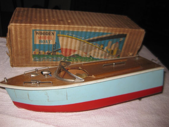 Vintage 1950's Wooden Model Boat Japan Original Box