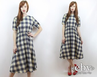 Vintage 80s Plaid Midi Dress L Vintage Plaid Dress Navy Plaid Dress Plaid Day Dress