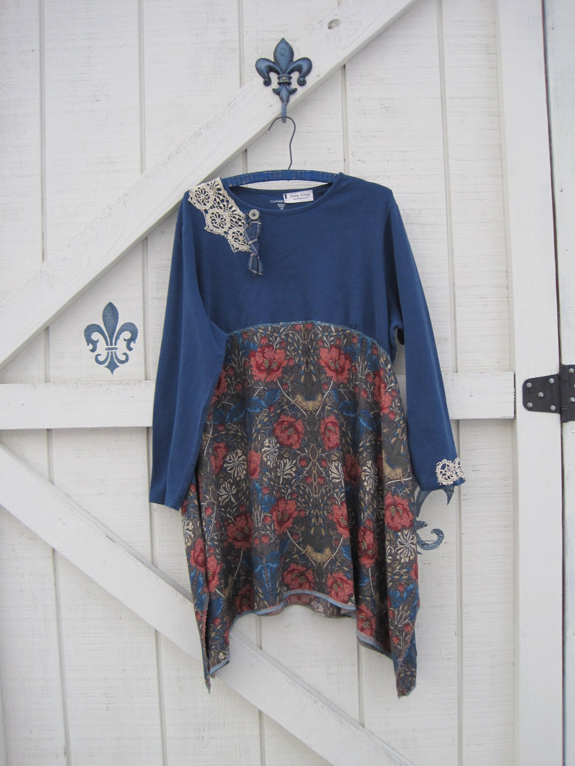 Boho dress blue floral mini XL lagan style tunic gypsy Blue