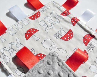 Taggie Blanket Bunnies Lovey Comforter Fabric Silver Minky toddler taggy blanket - Baby neutral gift idea