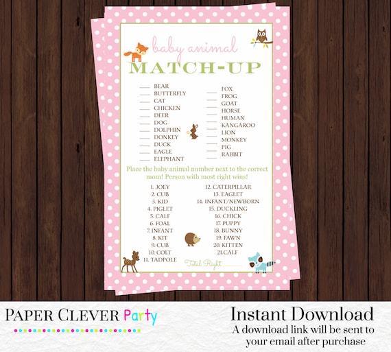 Pink woodland animal match baby shower game -- girls shower activities modern fox, owl and deer instant download Il_570xn