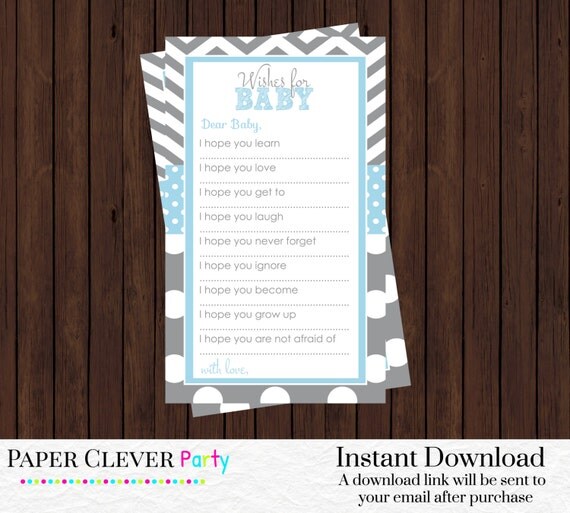Wishes for baby boy in baby blue with gray chevron stripes instant download shower activity Il_570xn