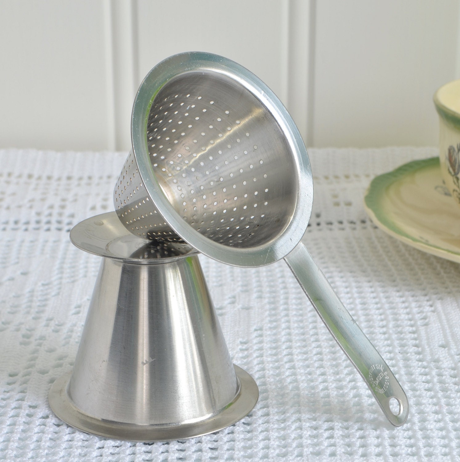 Tea strainer set vintage Swedish tea sifter with drip cup