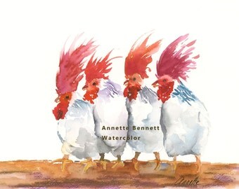 Chickens, farm animal decor, ranch decor, farm kitchen art, watercolor chickens,rooster art,chicken print rooster gift, contemporary rooster