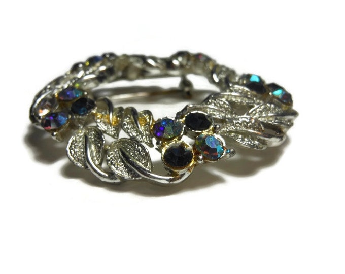 FREE SHIPPING Rhinestone circle pin brooch with silver leaves, late 1950s early 60s, blue rhinestones and Aurora Borealis (AB) rhinestones