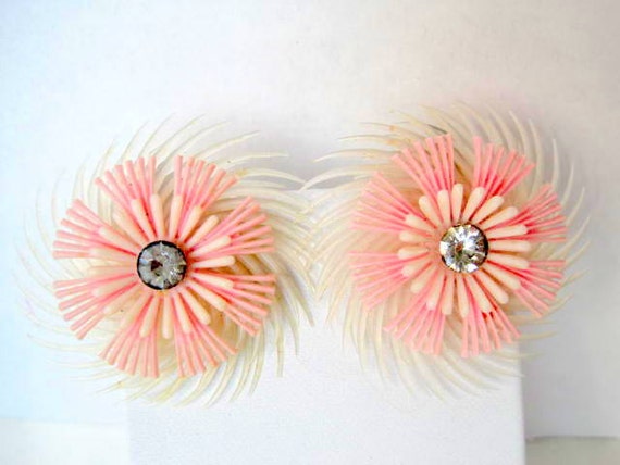 Pink Earrings - Plastic Feathery Flower - Rhinestone Centers - 60's Clip On