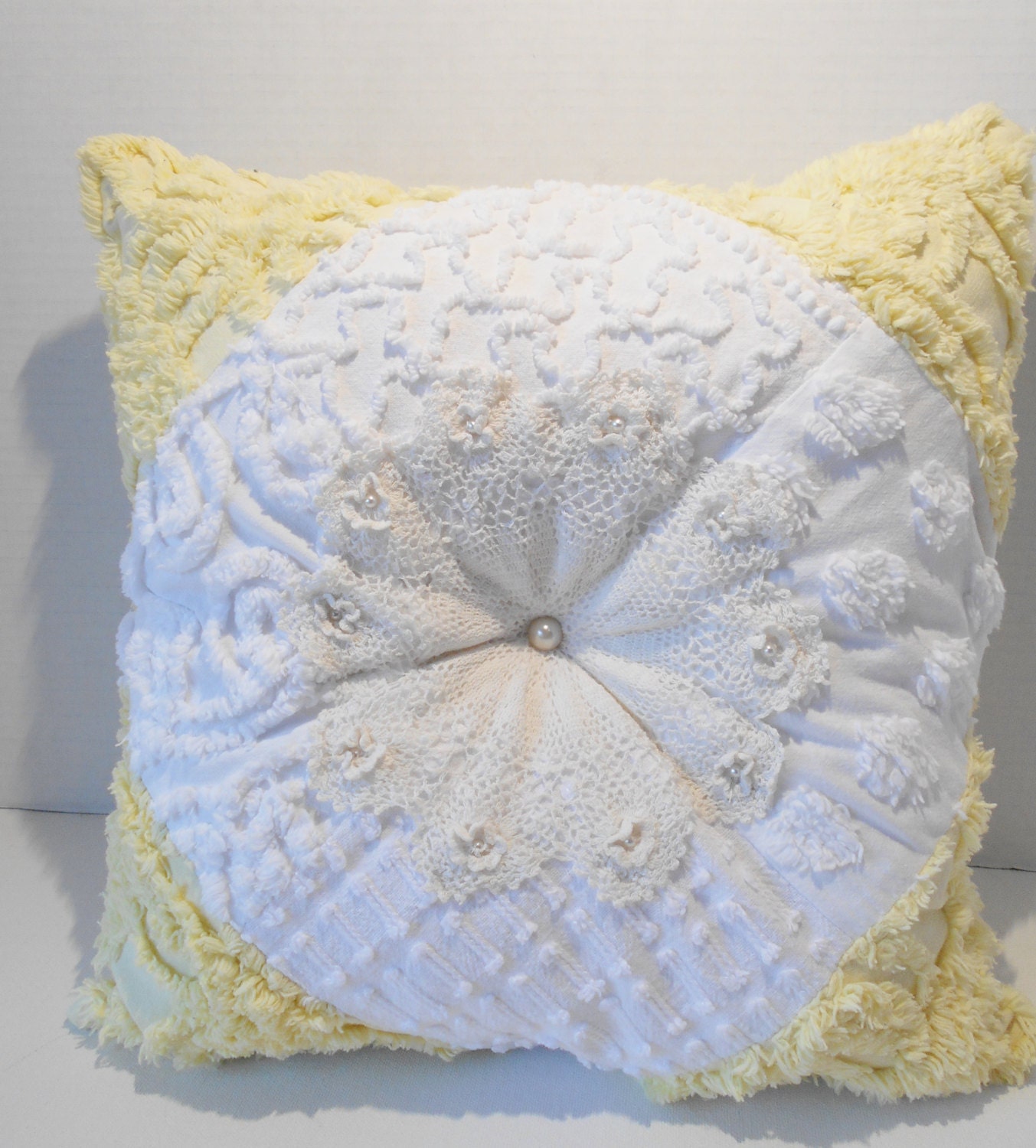 Chenille Pillow Vintage Chenille Fabric Yellow and White