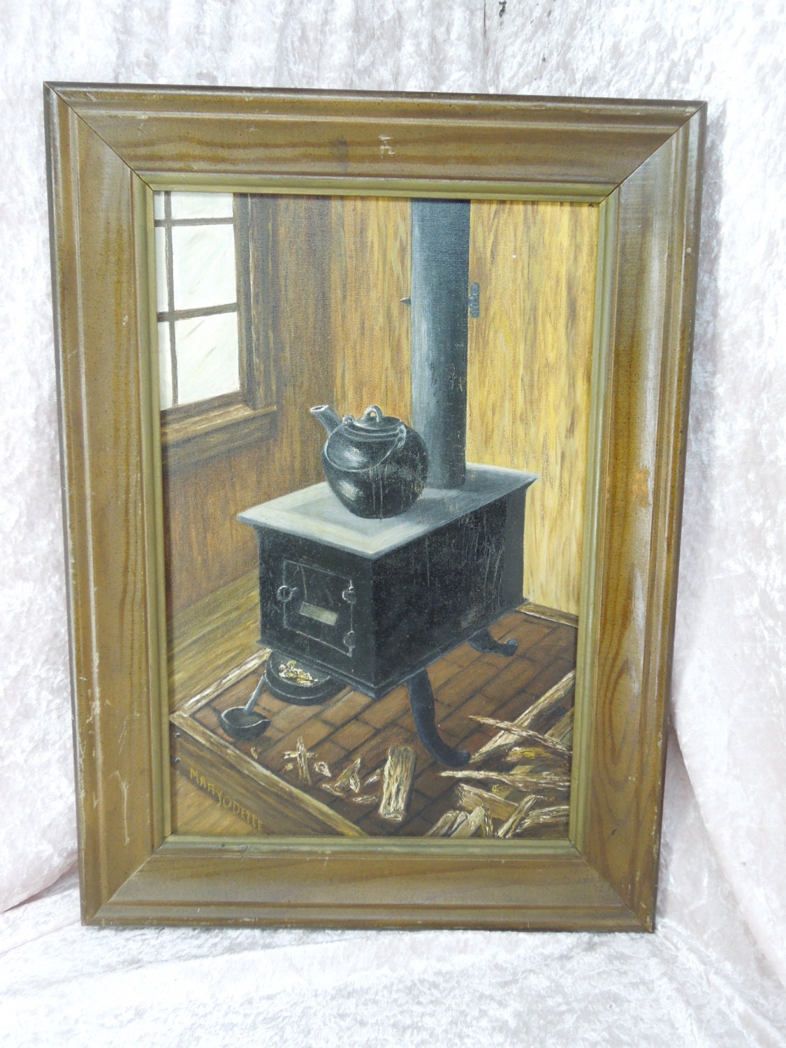 Vintage Oil Painting Still Life Cast Iron Wood Stove Cast Iron
