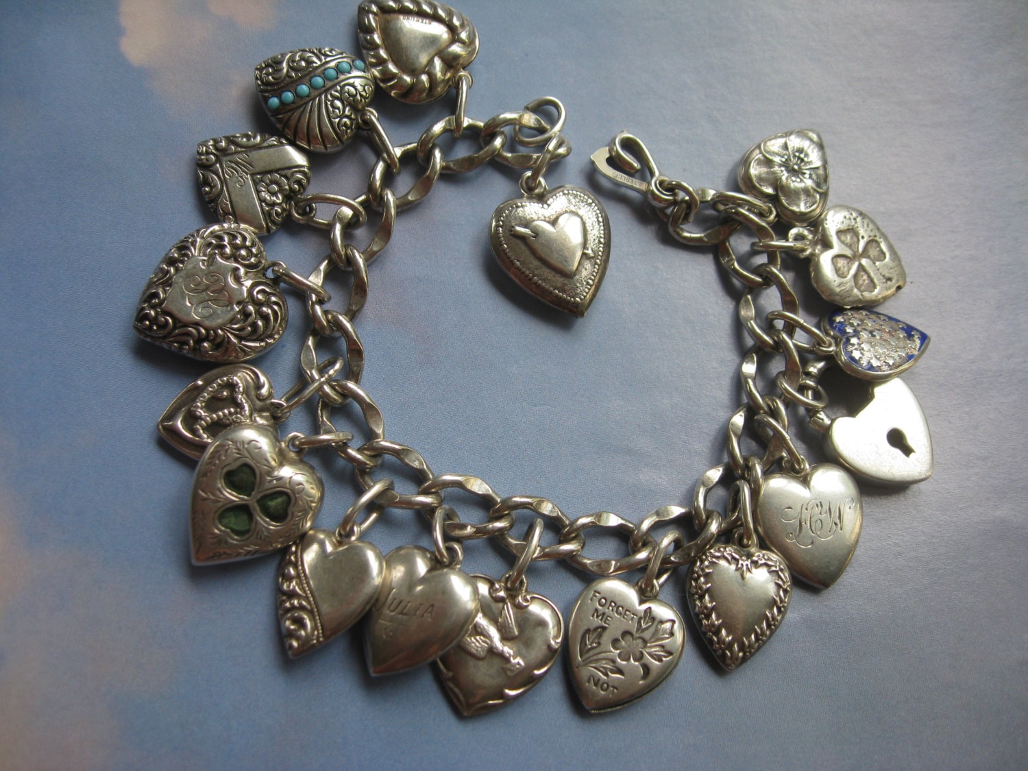Sterling Puffy Heart Charm Bracelet Antique Hearts Antique