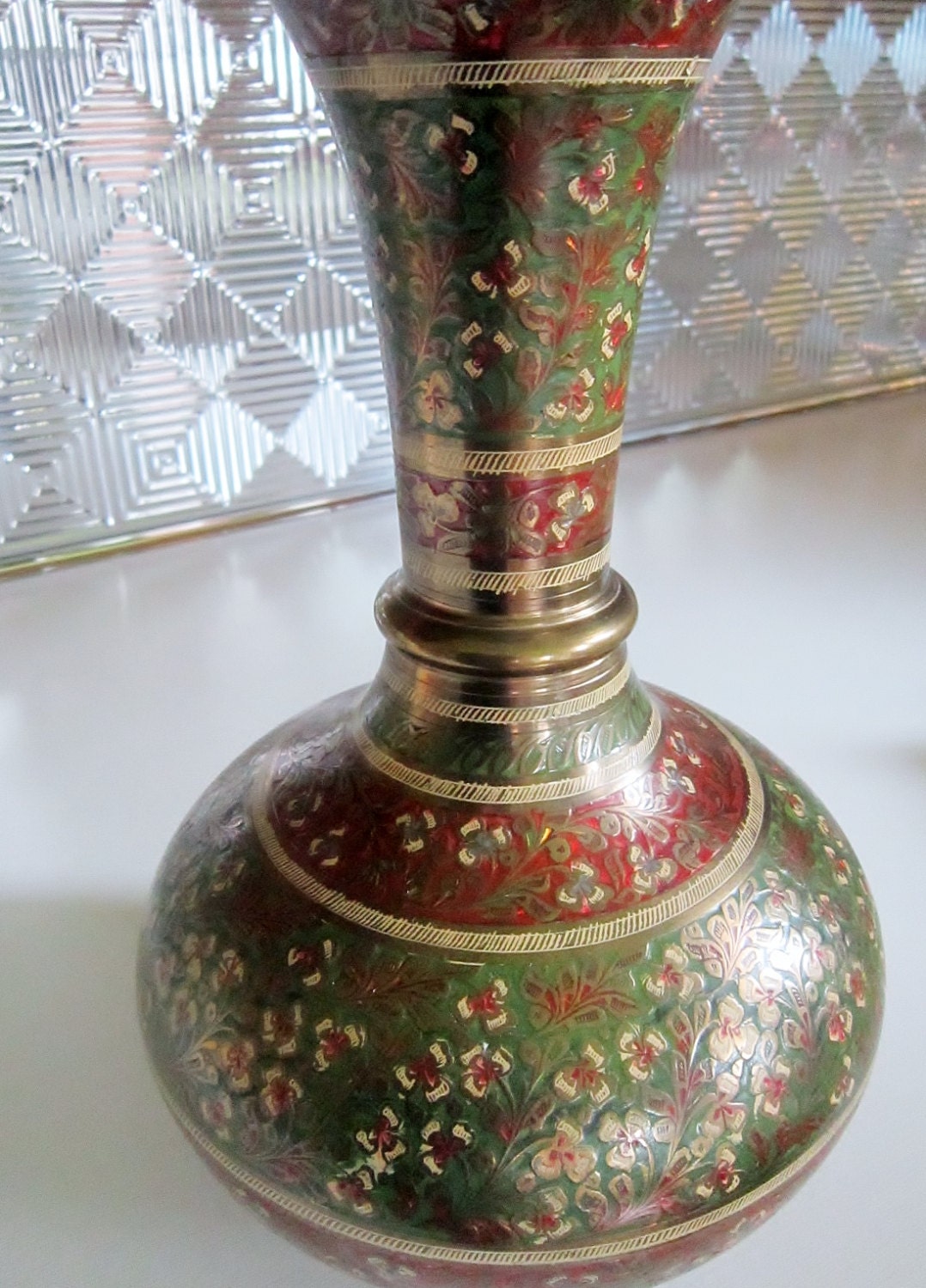 Vintage Brass Vase 1960s Etched Painted Red Green Gold Vase