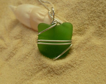 Wire wrapped green sea glass necklace with sterling silver chain