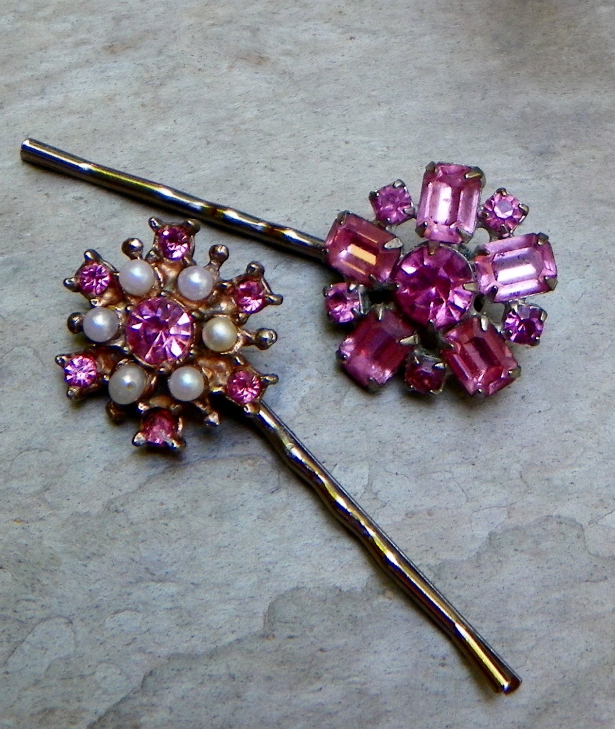 Decorative Hair Pins 1950's Kramer Pink Rhinestone Bridal