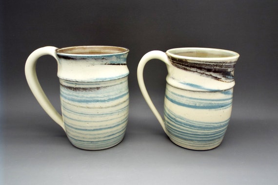 Blue 12oz wheel thrown pottery coffee mugs in agateware style, swirled clay, white, unique mugs, rustic