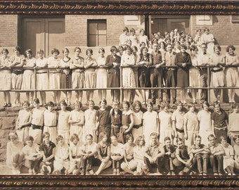 1920s Panoramic Vintage Photograph, Young Women & Men, Sepia-Toned, Archivally Framed, Antique Frame, Ready to Hang! Wonderful Condition!