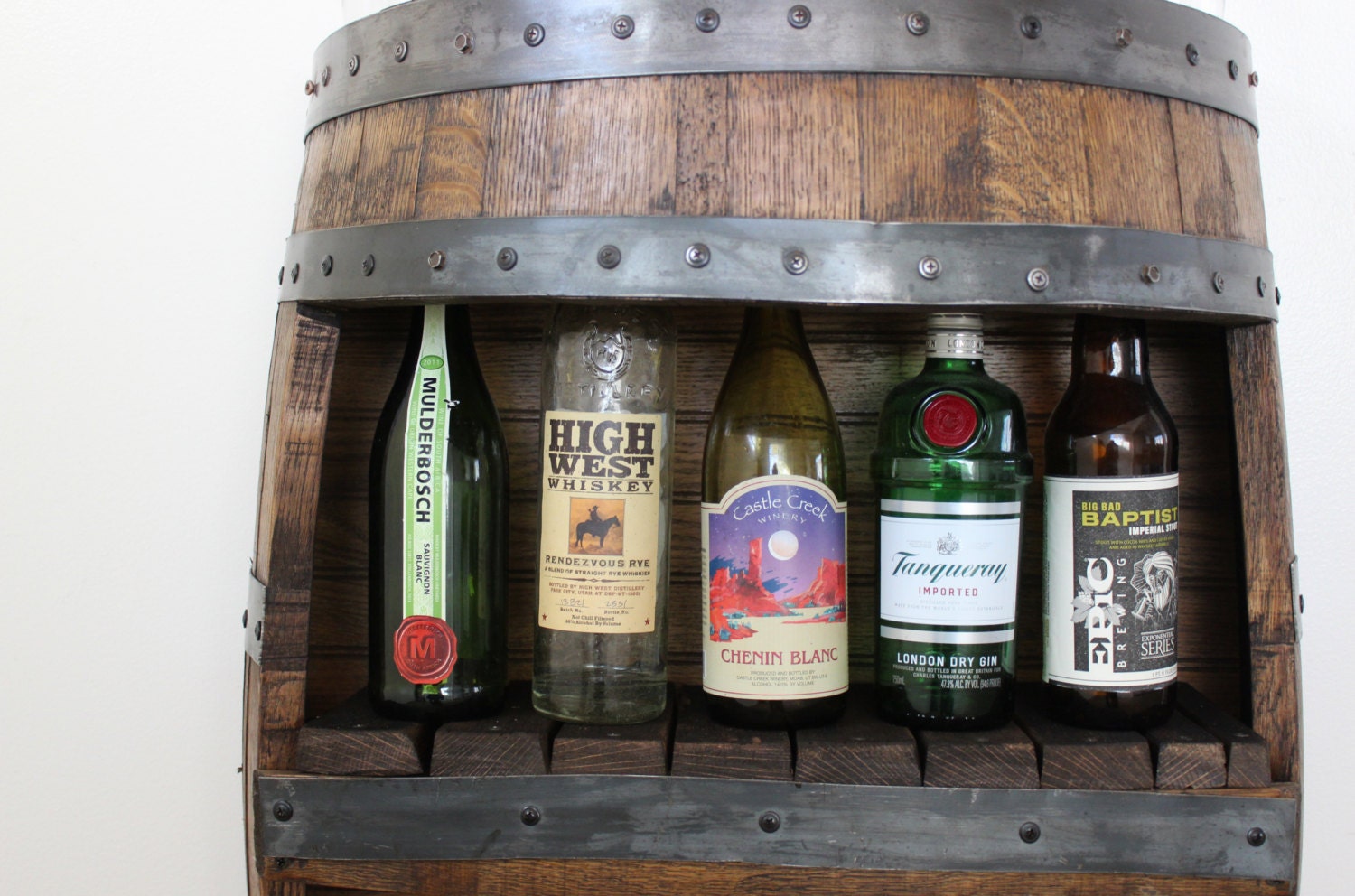 Whiskey Barrel Bar with Shelf Reclaimed Whiskey Barrel Bar