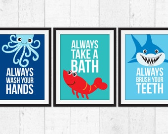 Bathroom wall decor kids, take a bath, wash your hands, brush your teeth, Kids Decor, bathroom kids Art, octopus shrimp and shark art