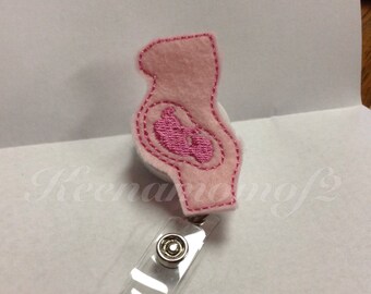 Unique Retractable ID Badge Holder- Pregnant Profile- Maternity - Name Badge Holder- Cute Badge Reel- Felt Badge Reel-