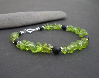 Natural Gemstone Peridot Smooth Nugget / Natural Black Basalt Volcanic Stone / 925 Bali Sterling Silver Bracelet