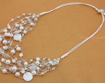 White freshwater pearl,shell,crystal necklace.