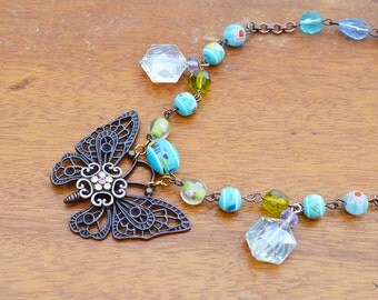 ... Necklace handma de blue and green beaded nature insect spring jewelry