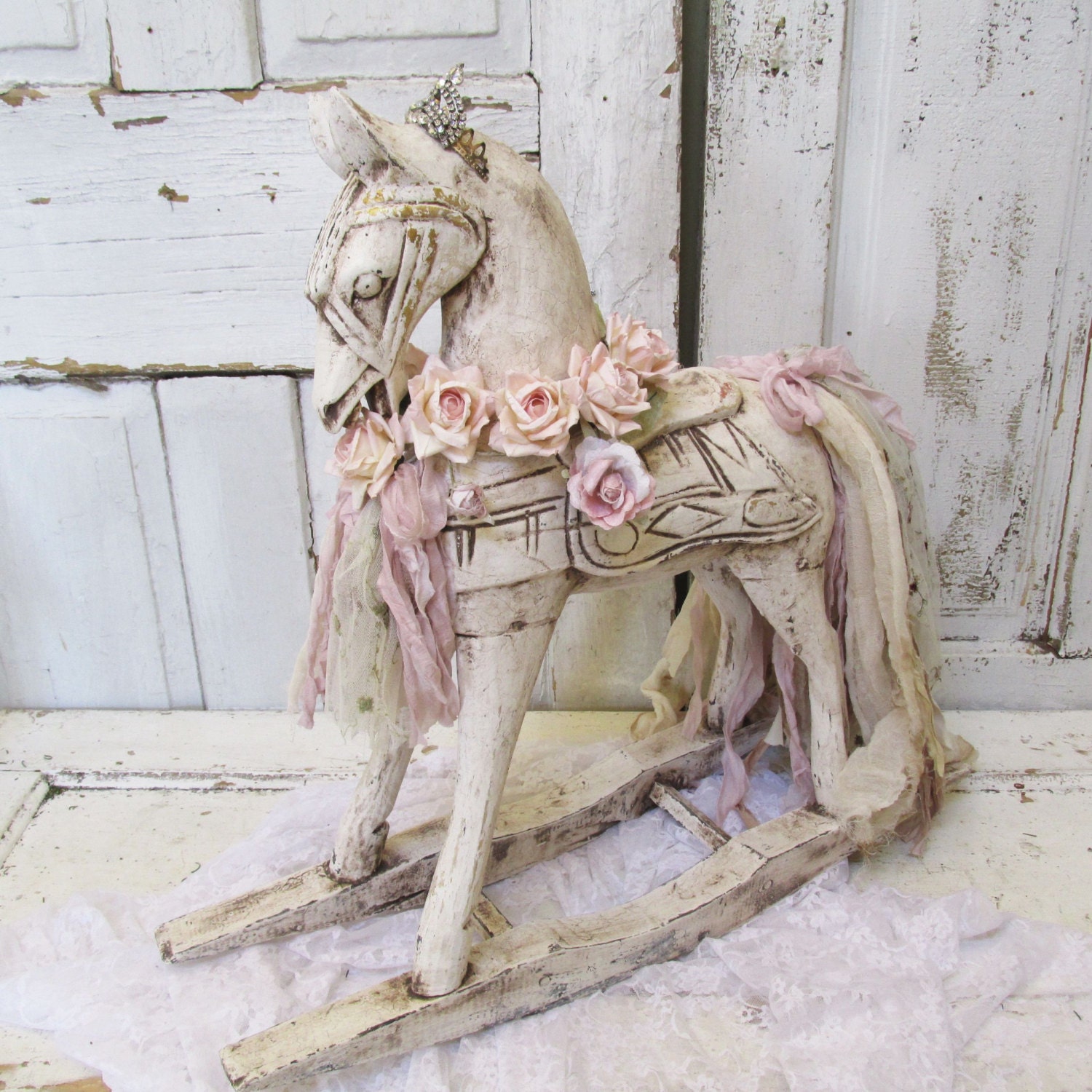 Wooden rocking horse painted white distressed shabby cottage